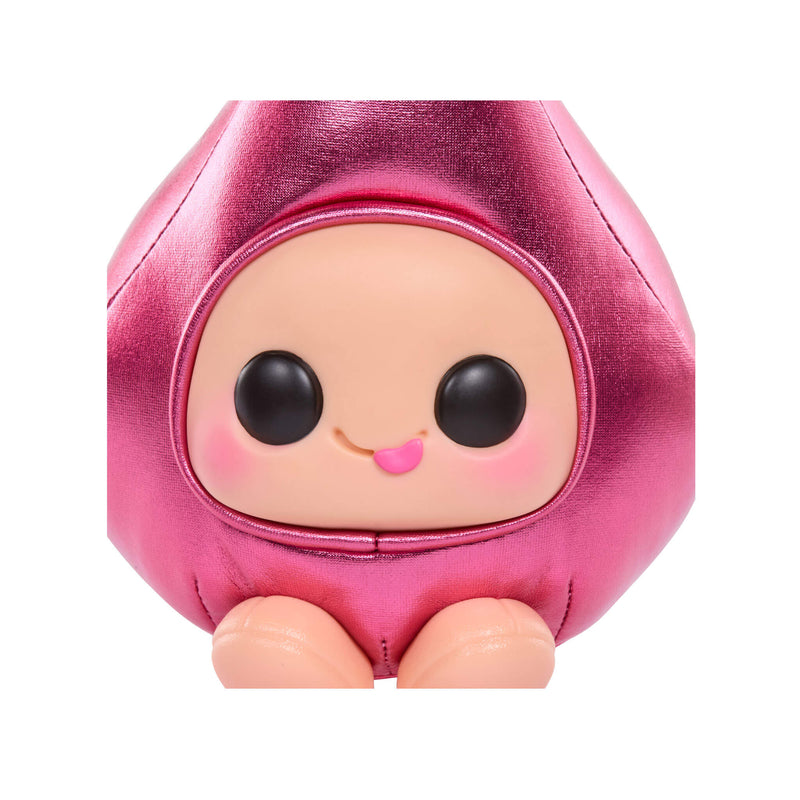 Close up of cute plush toy with a pink metallic shell face on a white background