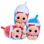 Three Icee Slushies each with a character face on a white background