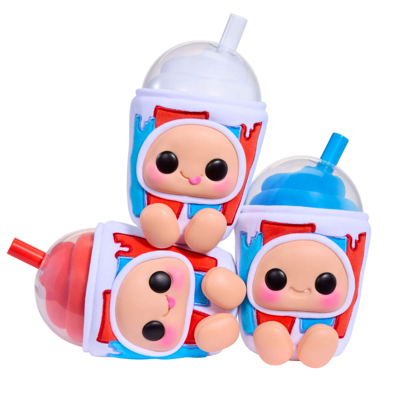 Three Icee Slushies each with a character face on a white background