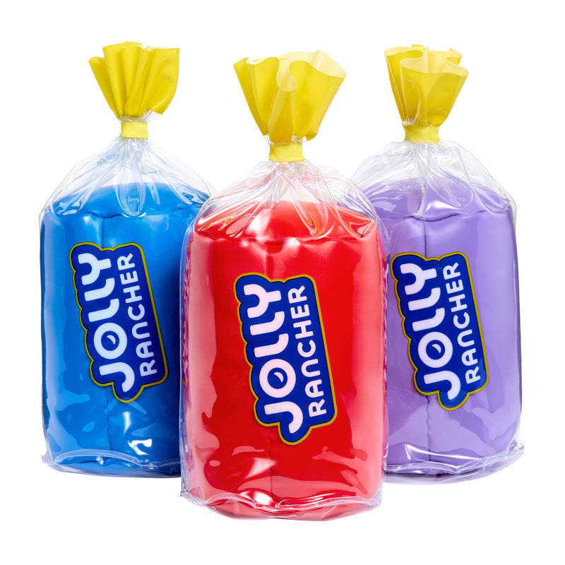 Three Jolly Rancher bags in blue, red, and purple on a white background
