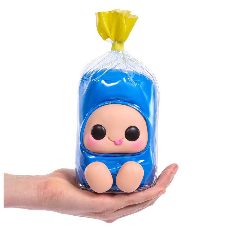 Blue Jolly Rancher held in a hand with a clear bag