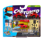 CarTuned toy, model truck set packaging with red car base and accessories on a white background