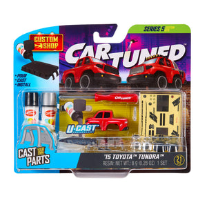 CarTuned toy, model truck set packaging with red car base and accessories on a white background