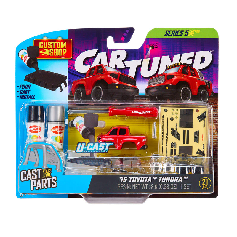 CarTuned toy, model truck set packaging with red car base and accessories on a white background