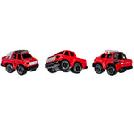 Red truck shown in three different directions on a white background