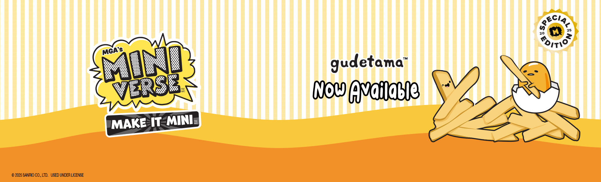 Miniverse Gudetama now available. Line drawing of egg character on striped background