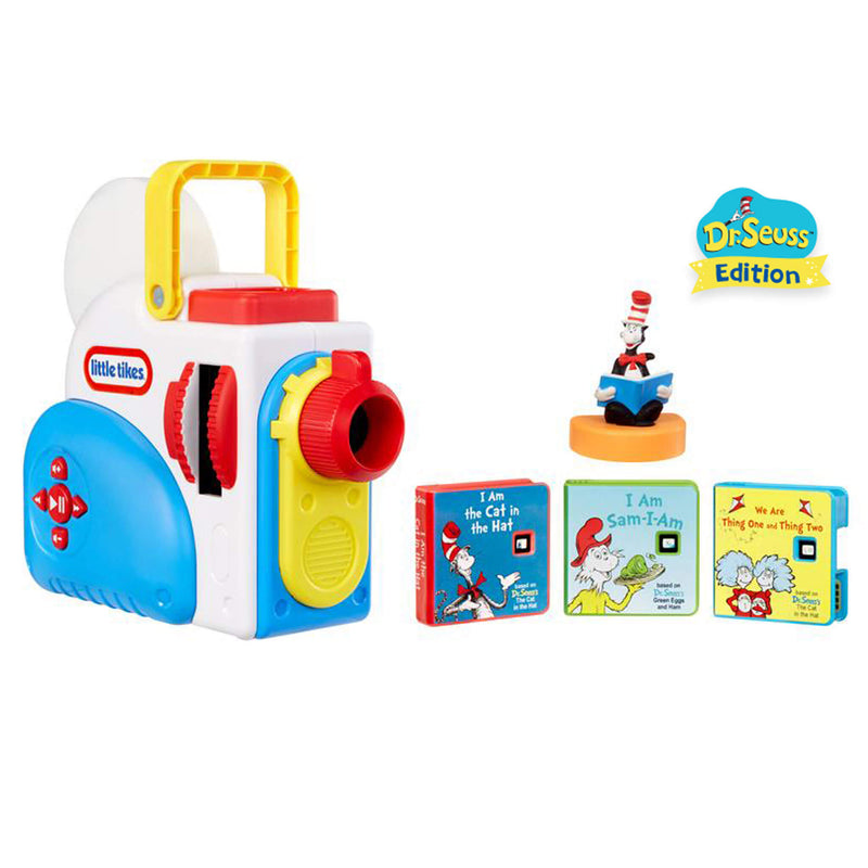Story projector with Dr. Seuss books and character on a white background