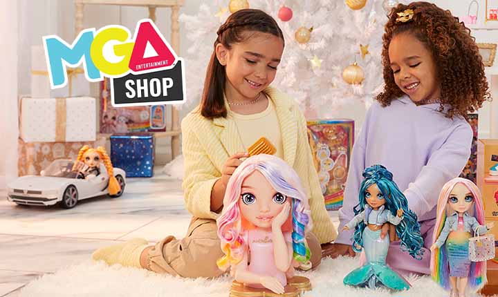 Two children playing with dolls in a room decorated for Christmas, with MGA Entertainment branding.