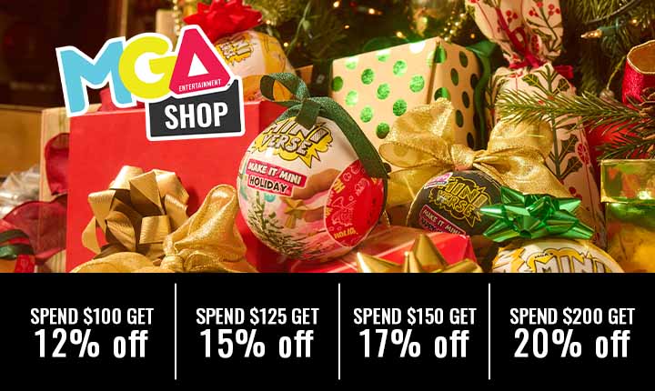 Promotional image of MGA Shop with Christmas-themed products and discount information.