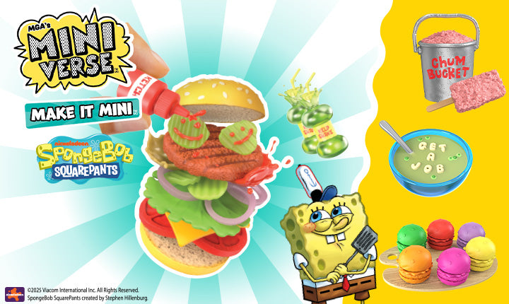 SpongeBob SquarePants toy set with hamburger, bucket, and character on a colorful background