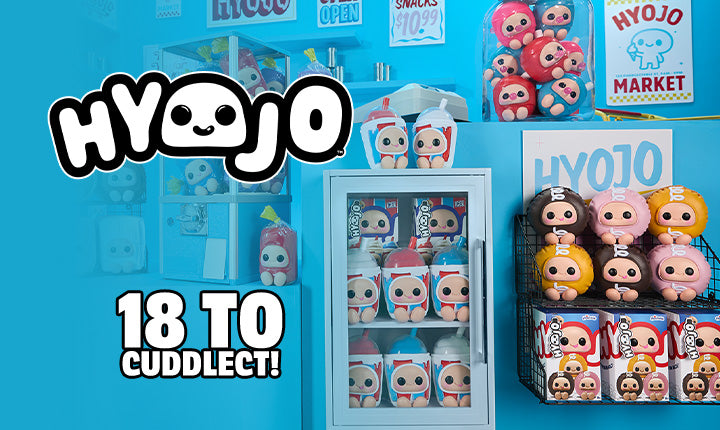 Display of Hyoojo plush toys against a blue background with the brand name prominently featured.