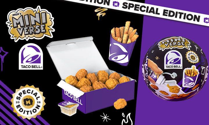 Taco Bell special edition product set with packaging and branding elements on a purple background.
