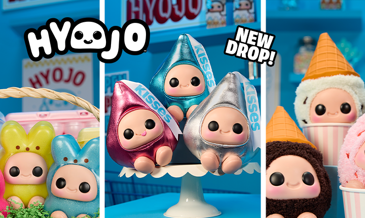 Collage of cute figurines with 'HYOJO' branding and 'NEW DROP!' text on a blue background.