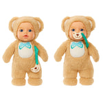 Two teddy bear dolls one with a pacifier in mouth on a white background
