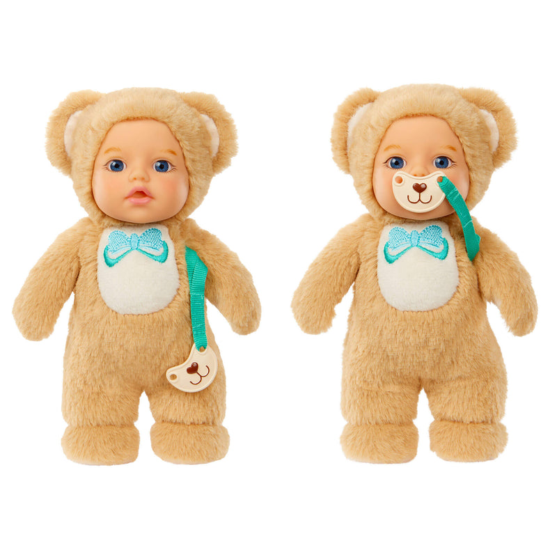 Two teddy bear dolls one with a pacifier in mouth on a white background