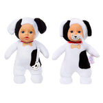 Two dolls dressed in black and white outfits with dog-themed accessories on a white background