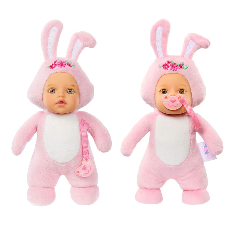 Two baby bunny dolls one with the pacifier in mouth