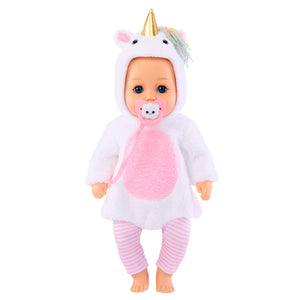 Baby doll in a unicorn costume with a pacifier on a white background