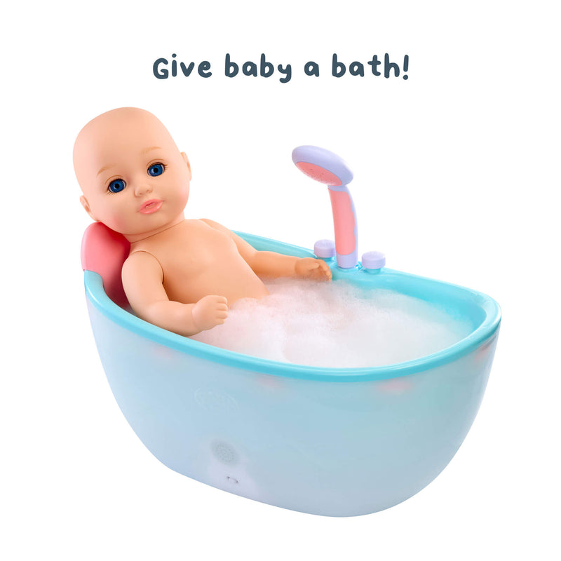 Toy baby in a bathtub with bubbles and a shower head, with text 'Give baby a bath!' on a white background.