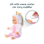 Unicorn-themed doll with instructions to fill it with warm water for cozy cuddles.