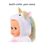 Unicorn costume with multicolor yarn mane on a white background