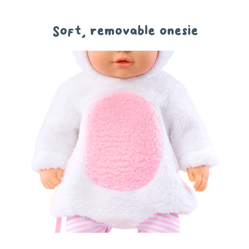 Doll wearing a soft, removable onesie with pink center and white background