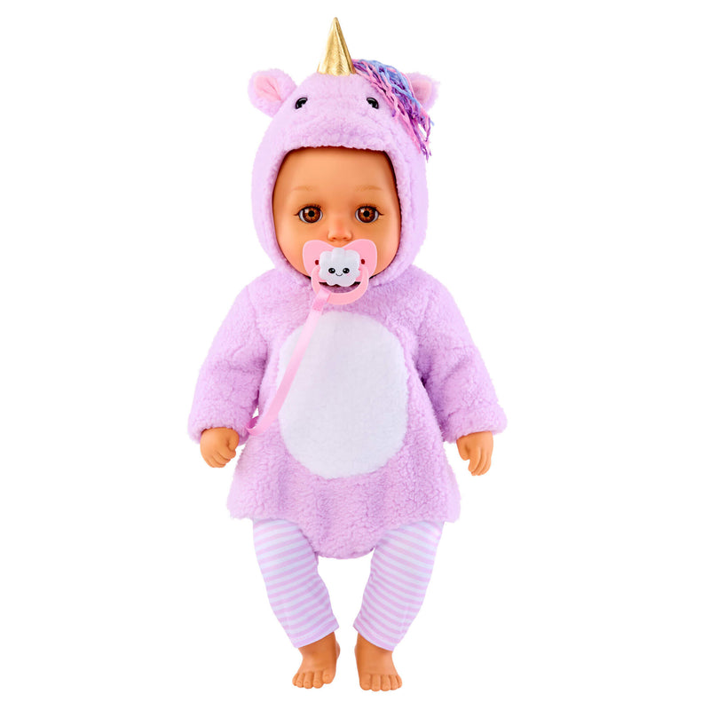Baby doll in a pink unicorn costume with a pacifier on a white background