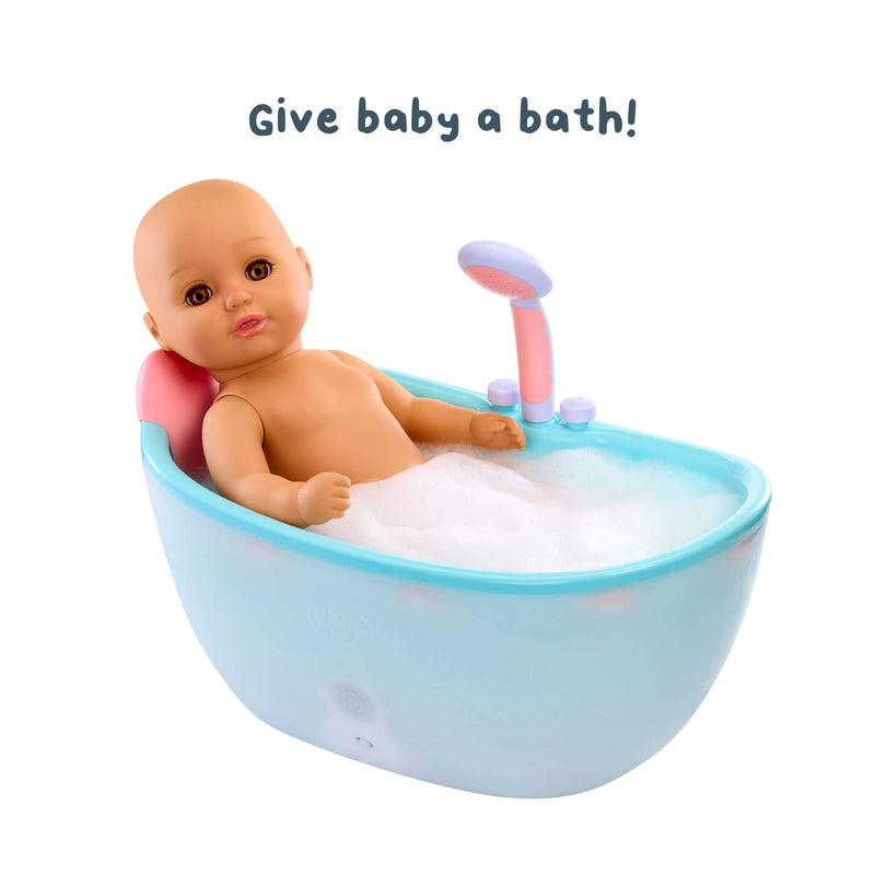 Toy baby in a bathtub with bubbles and a toy shower head, on a white background with text 'Give baby a bath!'.