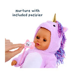 Baby doll in a pink unicorn costume with a pacifier, on a white background.