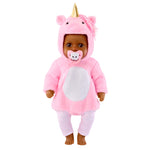 Doll wearing a pink unicorn costume with a pacifier on a white background
