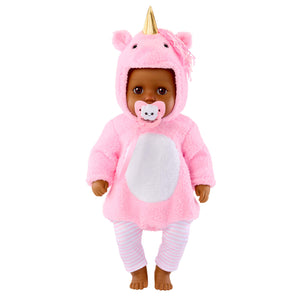 Doll wearing a pink unicorn costume with a pacifier on a white background