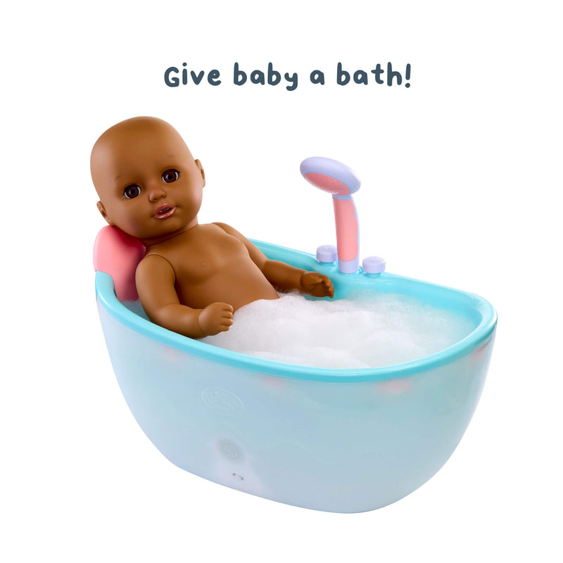 Toy bathtub with a doll in it, accompanied by a shower head and text 'Give baby a bath!'.