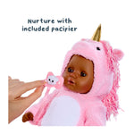 Baby doll in pink unicorn costume with included pacifier on a white background