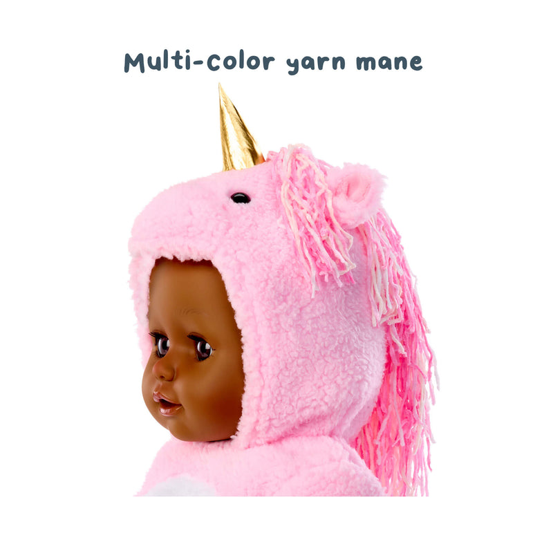 Plush toy with pink unicorn hood and pink yarn mane on a white background