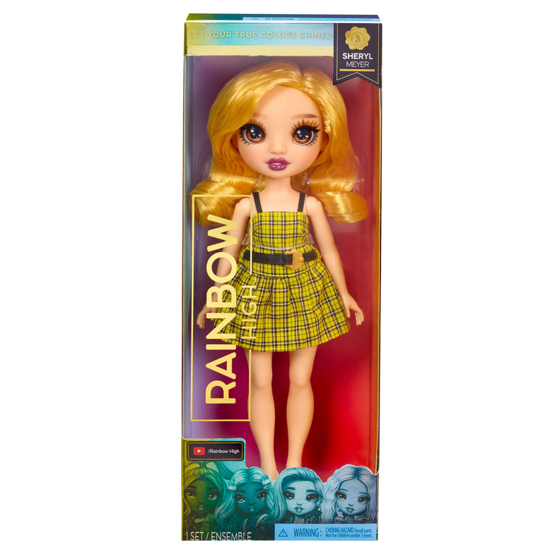 Toy doll with blonde hair and yellow plaid dress in packaging