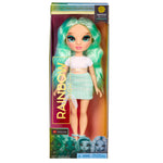 Toy doll with green hair in a box packaging featuring the brand 'Rainbow High'.