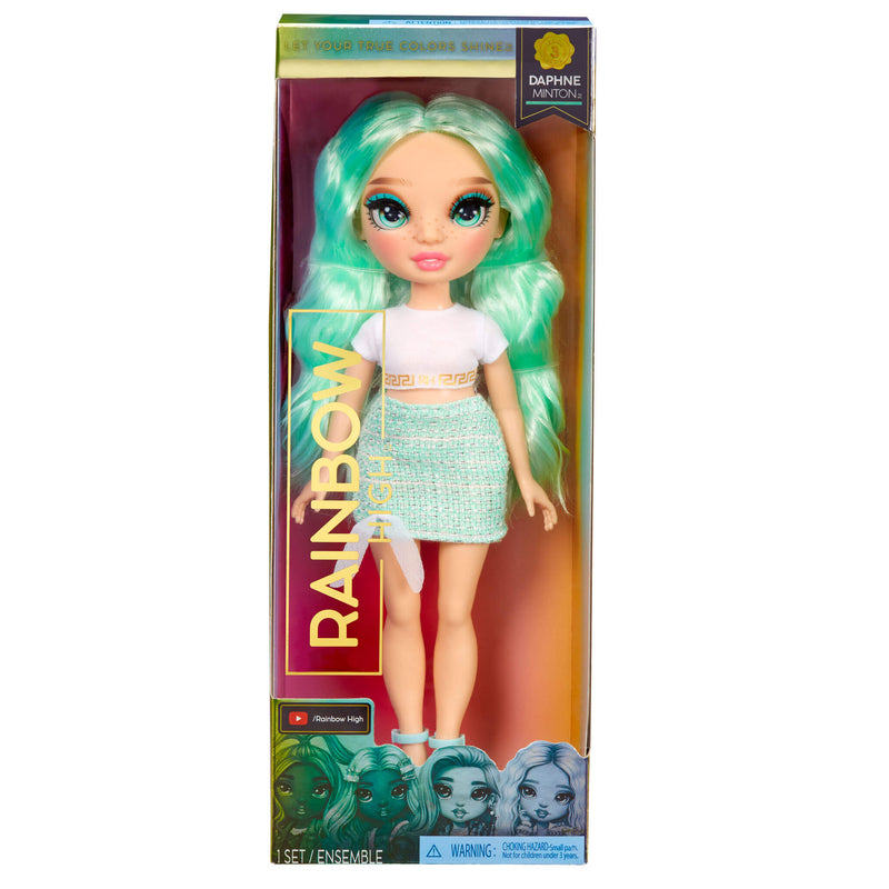 Toy doll with green hair in a box packaging featuring the brand 'Rainbow High'.