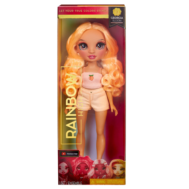 Boxed doll with orange hair and orange outfit, featuring the brand 'Rainbow High'.