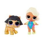 Two colorful toy figures one tot pet and one tot doll on a white background