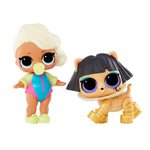 Two colorful toy figures -doll with blonde hair and blue swimsuit, and pet with black hair and gold outfit on a white background.