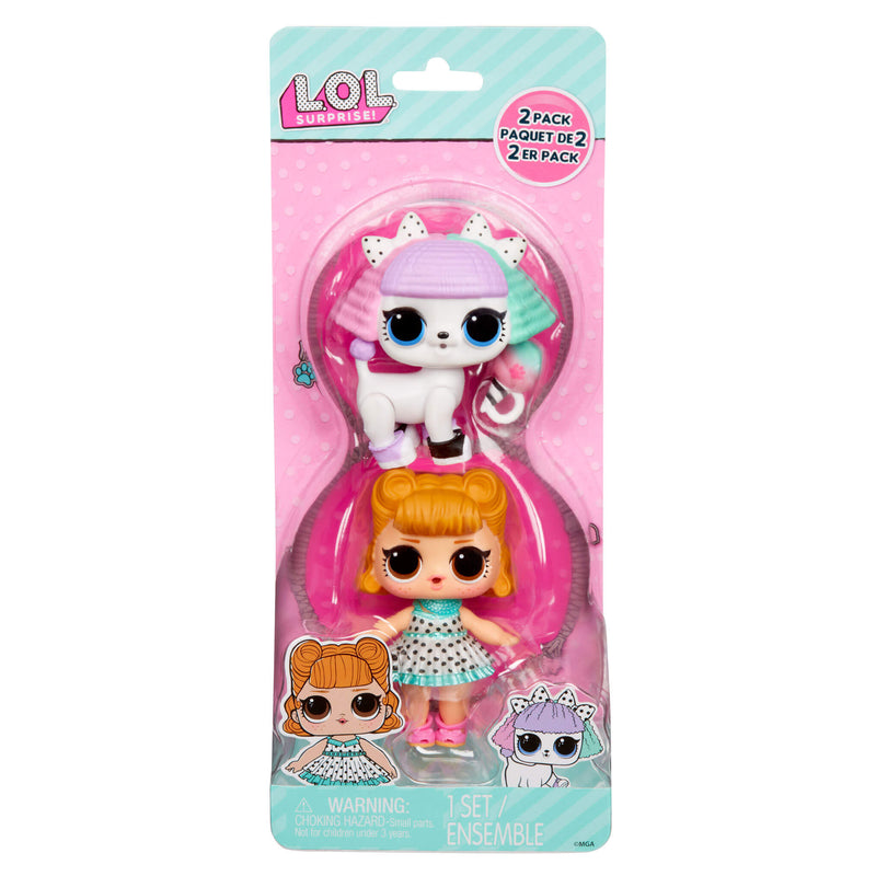 Packaged LOL Surprise tots -with a cat-themed doll and a girl with orange hair.