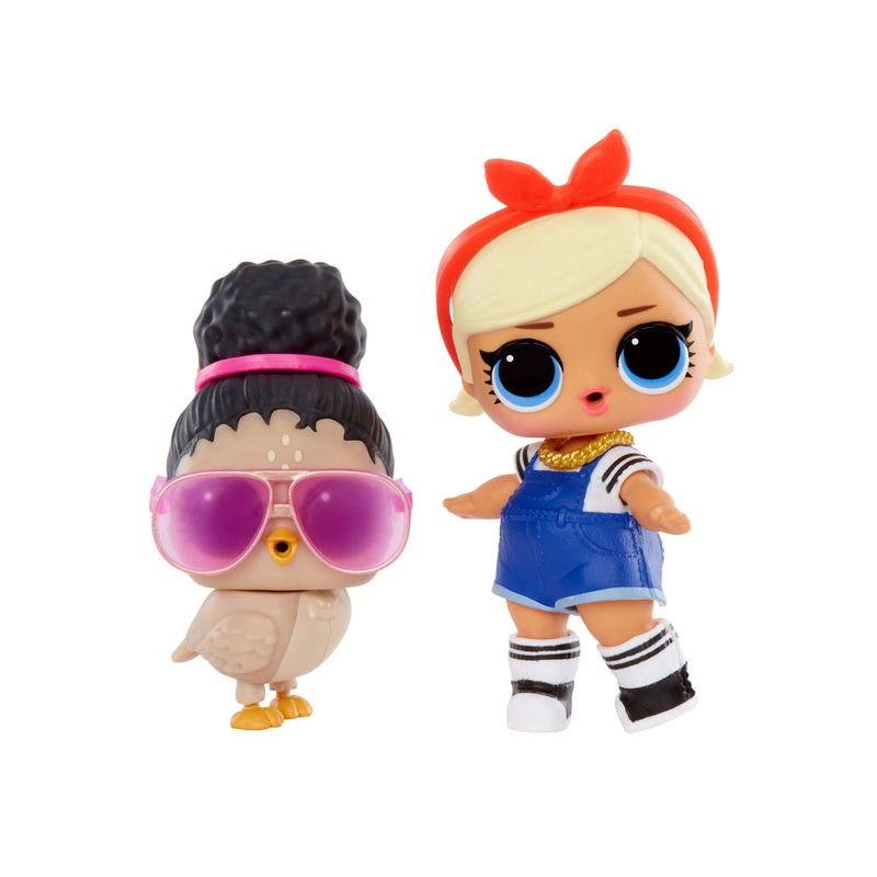 Two toy figures, pet bird with sunglasses and, girl with blonde hair and a blue outfit, on a white background.