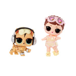 Two small figurines, one tiger-like pet with headphones and tot girl in PJ's with a pink eye mask, on a white background.