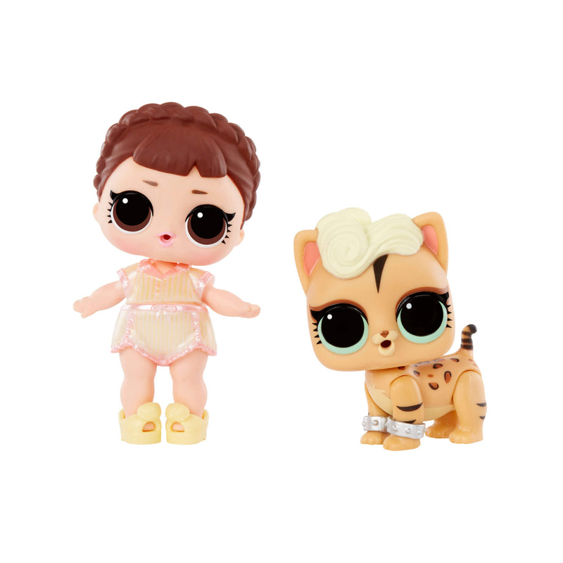 Toy figure of a girl and a cat on a white background