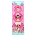Packaged set of three LOL Surprise dolls with pink and clear plastic windows on a white background