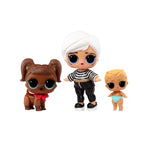 Three small dolls with different hairstyles and outfits on a white background