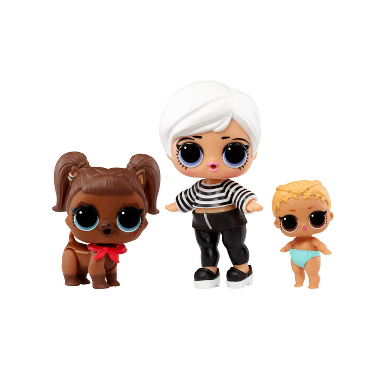 Three small dolls with different hairstyles and outfits on a white background
