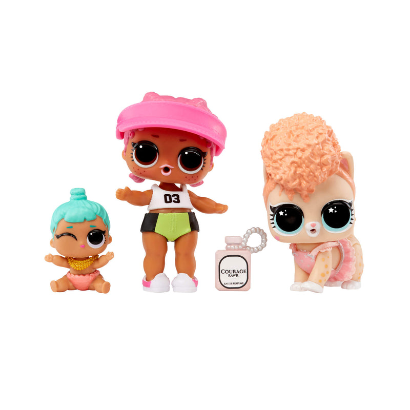 Three colorful dolls with accessories on a white background