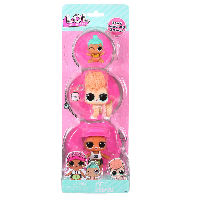 Packaged set of  Three LOL Surprise dolls with pink and clear window