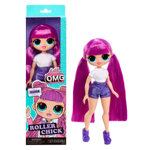 Toy doll with purple hair and outfit next to its packaging